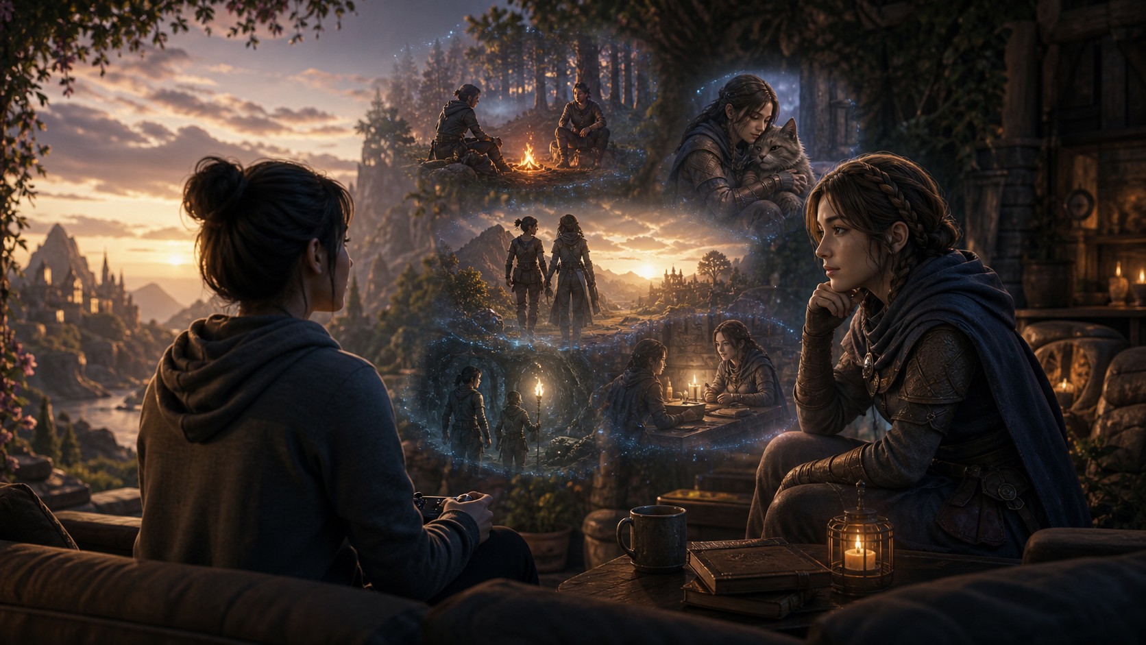 Unbranded virtual companion character responding to a player in a cozy digital adventure space