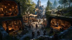 Unbranded living game world with a town square, forest path, workshop, and patrol route active at once