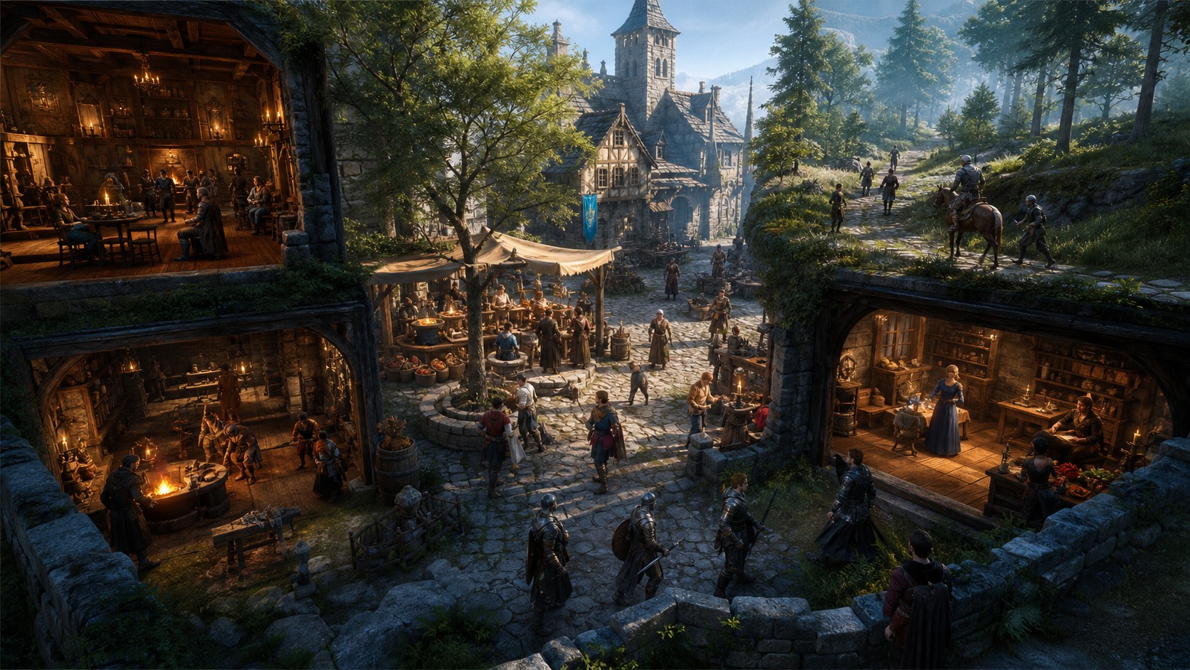 Unbranded living game world with a town square, forest path, workshop, and patrol route active at once