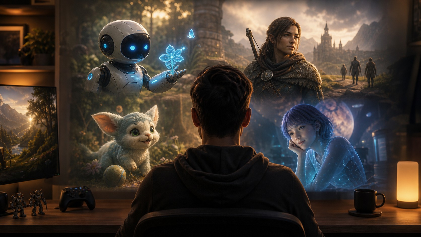 Unbranded gaming setup with varied digital companion moments including robot, fantasy ally, pet, and virtual friend