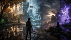 Unbranded experimental indie game world with shifting paths, weather, puzzles, and reactive characters