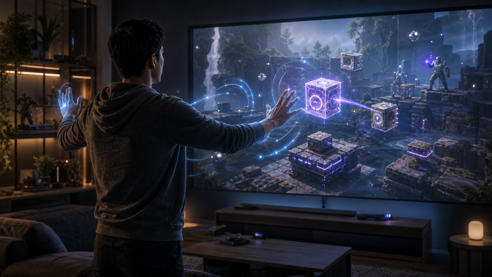 Player using hand gestures to control an unbranded virtual puzzle and action game scene