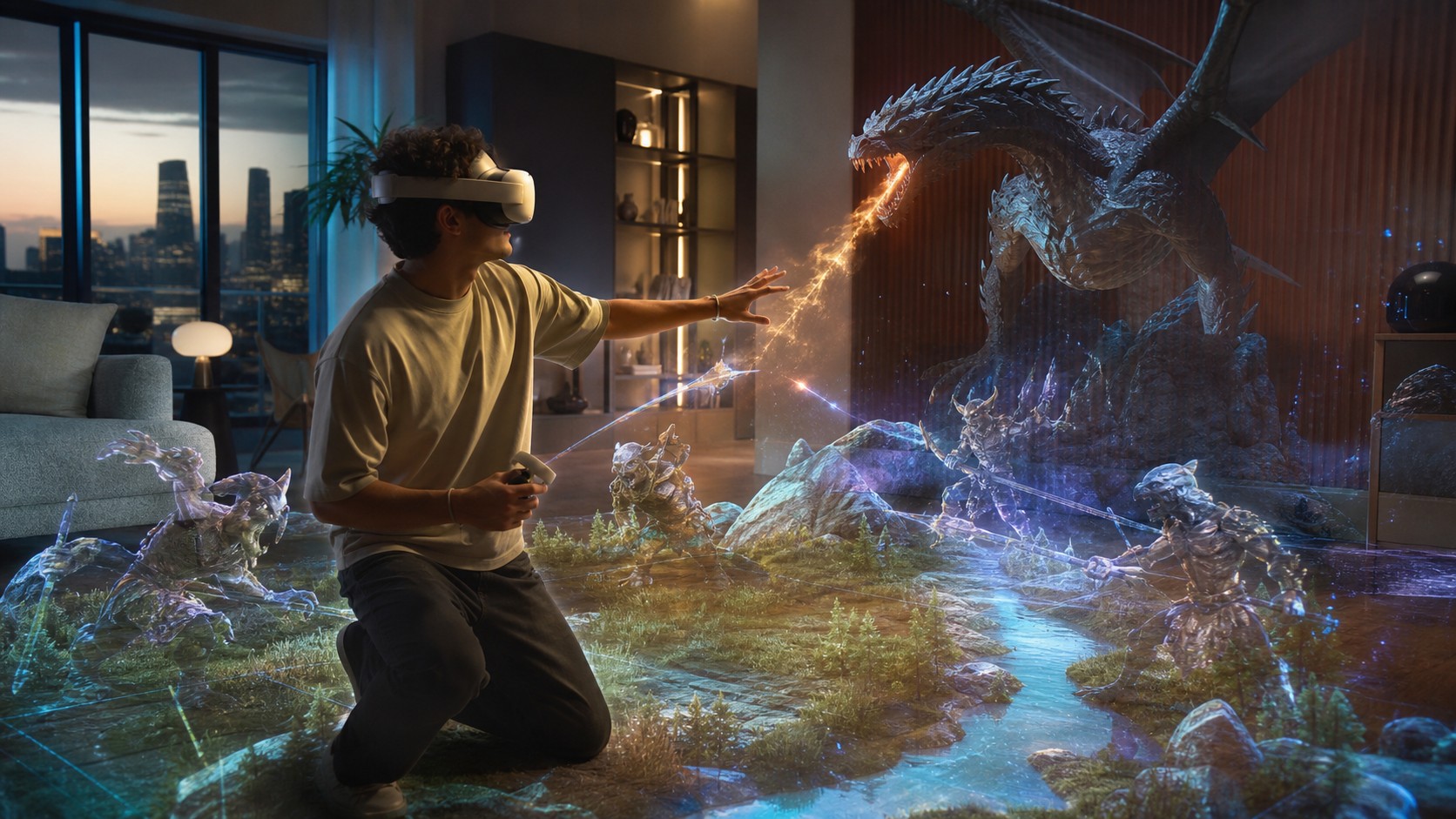 Player in an unbranded VR headset interacting with virtual game creatures and terrain in a mixed reality room