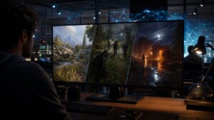 Game development workspace with an unbranded AI-shaped game world shown across large displays