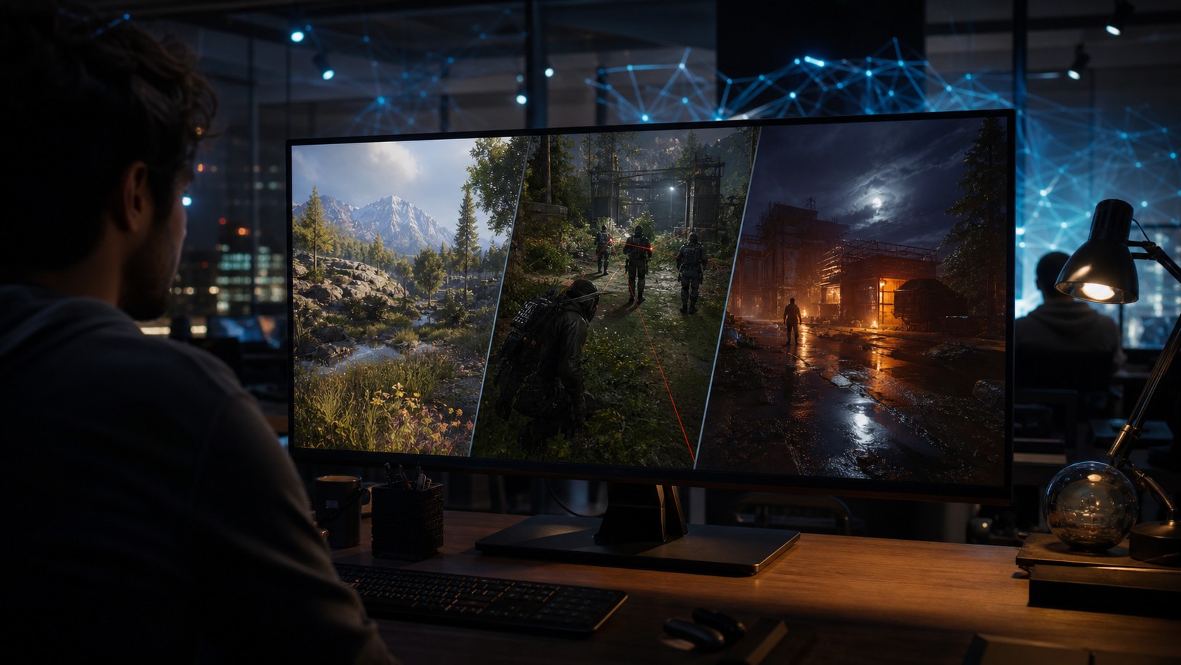 Game development workspace with an unbranded AI-shaped game world shown across large displays