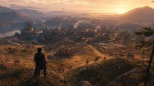 Open-world sandbox valley with settlements and autonomous characters moving through independent routines