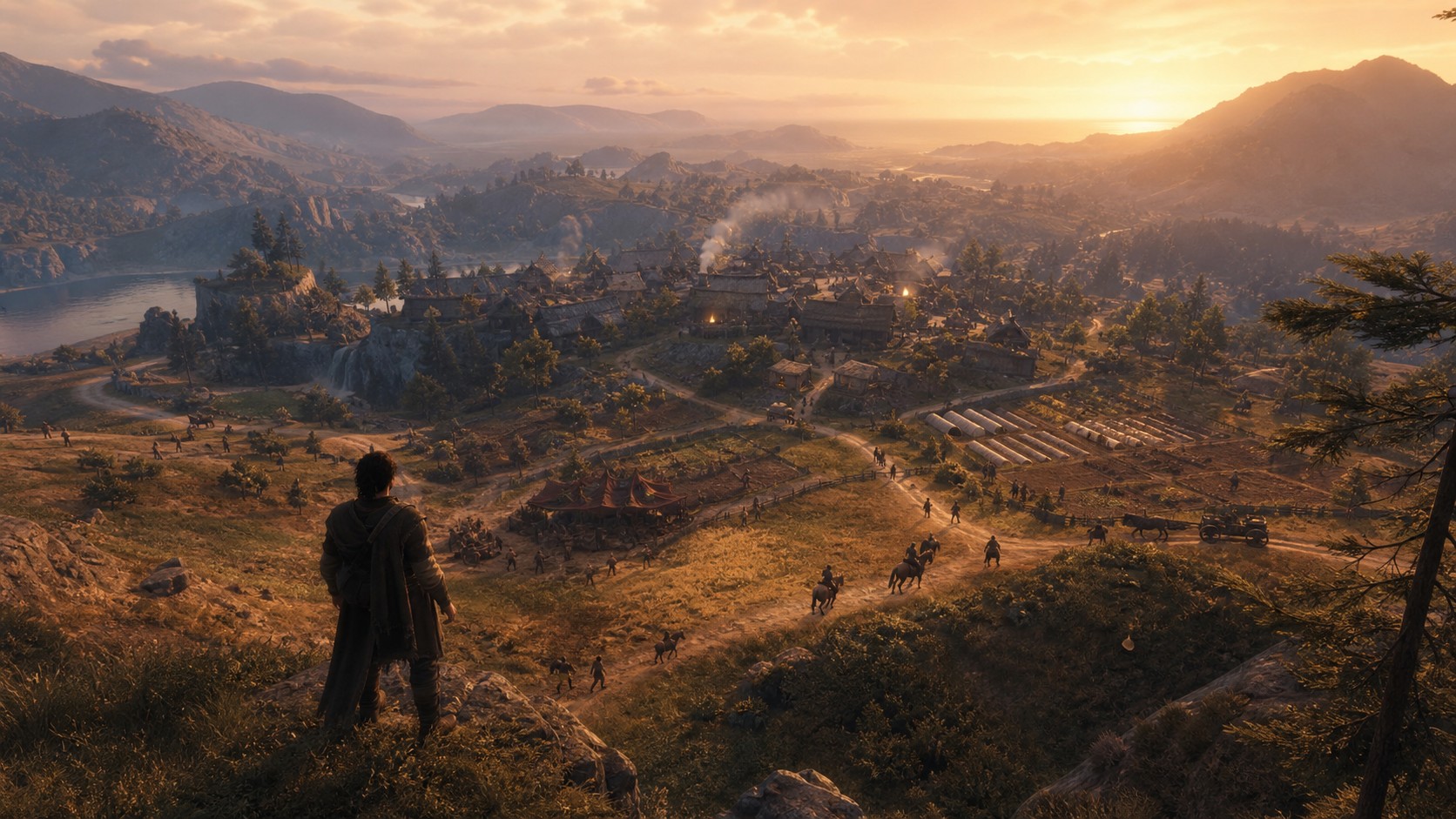 Open-world sandbox valley with settlements and autonomous characters moving through independent routines