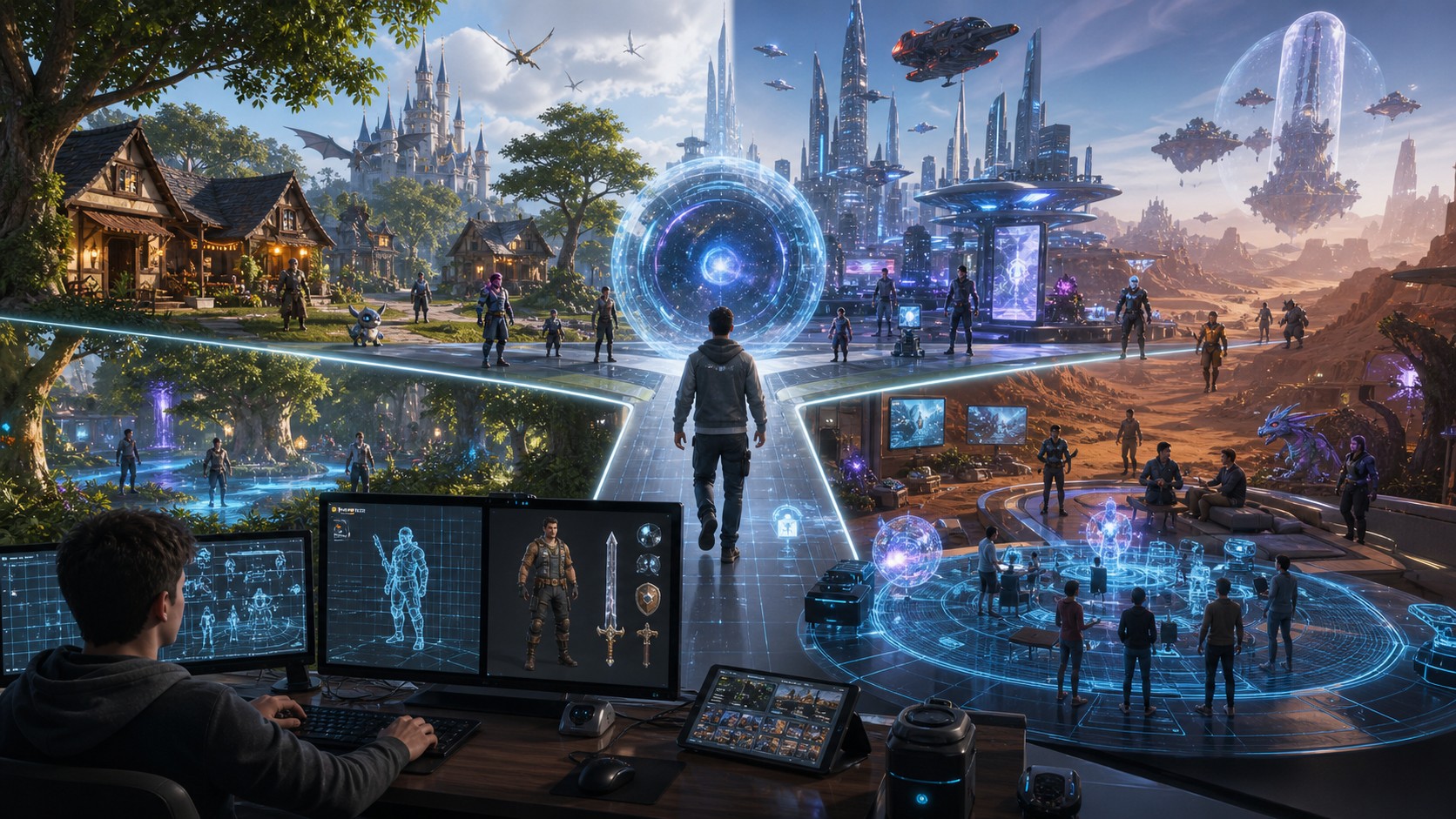 Unbranded metaverse game world showing avatars, connected zones, AI characters, and shared items