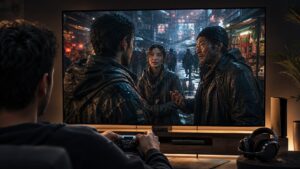 Unbranded game scene with lifelike non-player characters reacting in a rainy neon street market