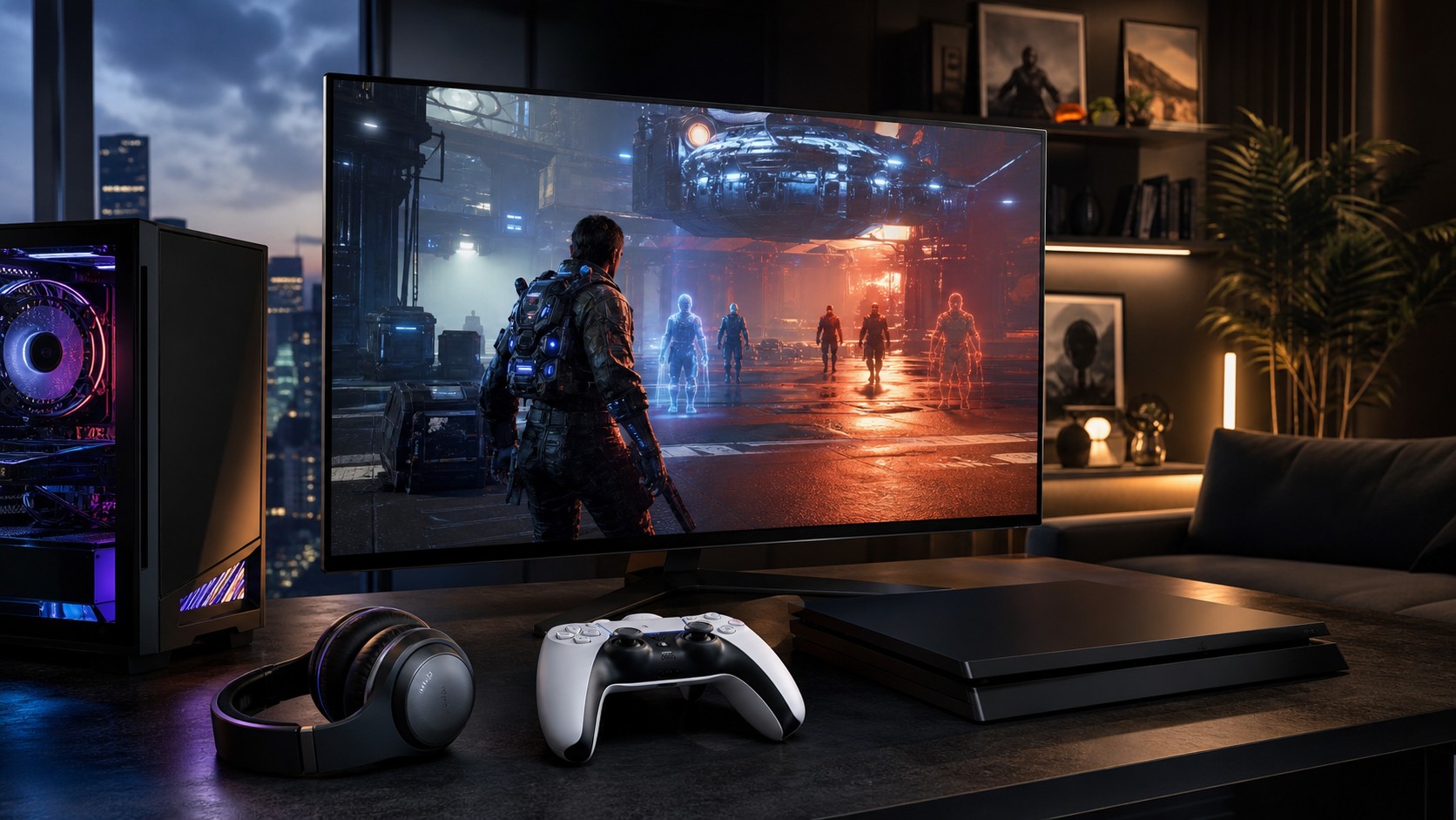 Modern PC and console gaming setup showing an unbranded adaptive game world with lifelike characters