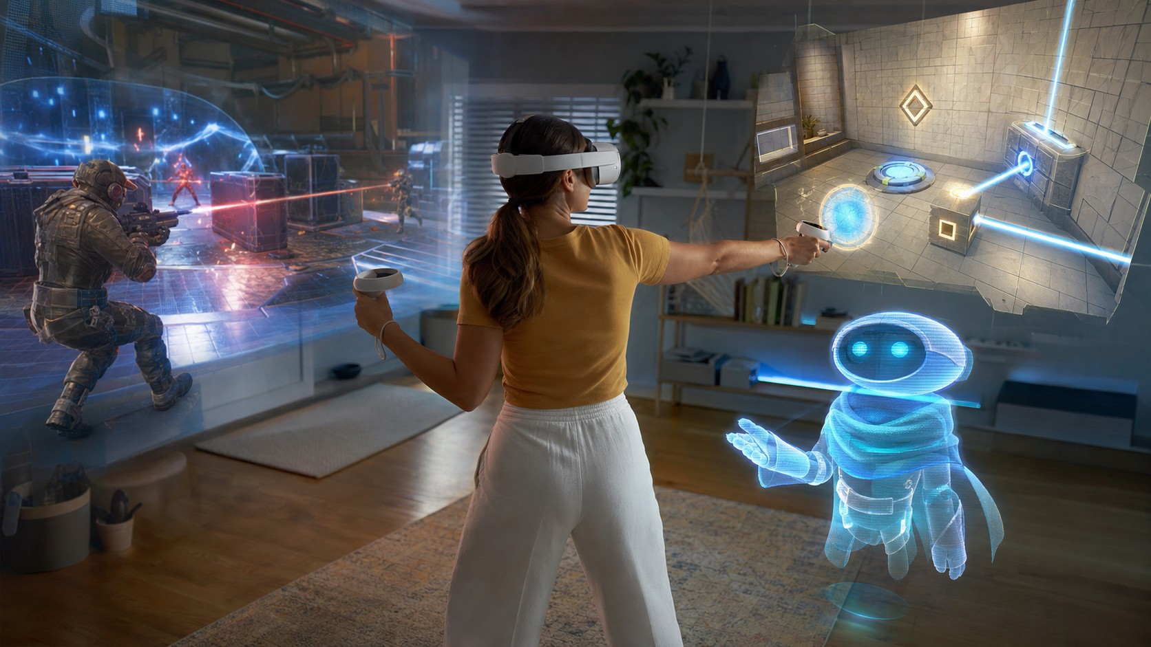VR player using motion controllers while unbranded virtual game scenes appear as spatial projections