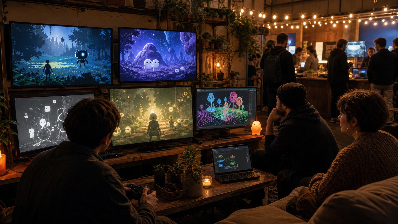 Cozy indie game showcase with unbranded AI-driven game scenes and experimental characters on monitors
