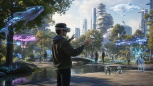 Mixed reality park with unbranded virtual ecosystems and characters blended into real pathways