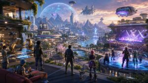 Panoramic unbranded metaverse ecosystem connecting social areas, arenas, workshops, housing, and live events