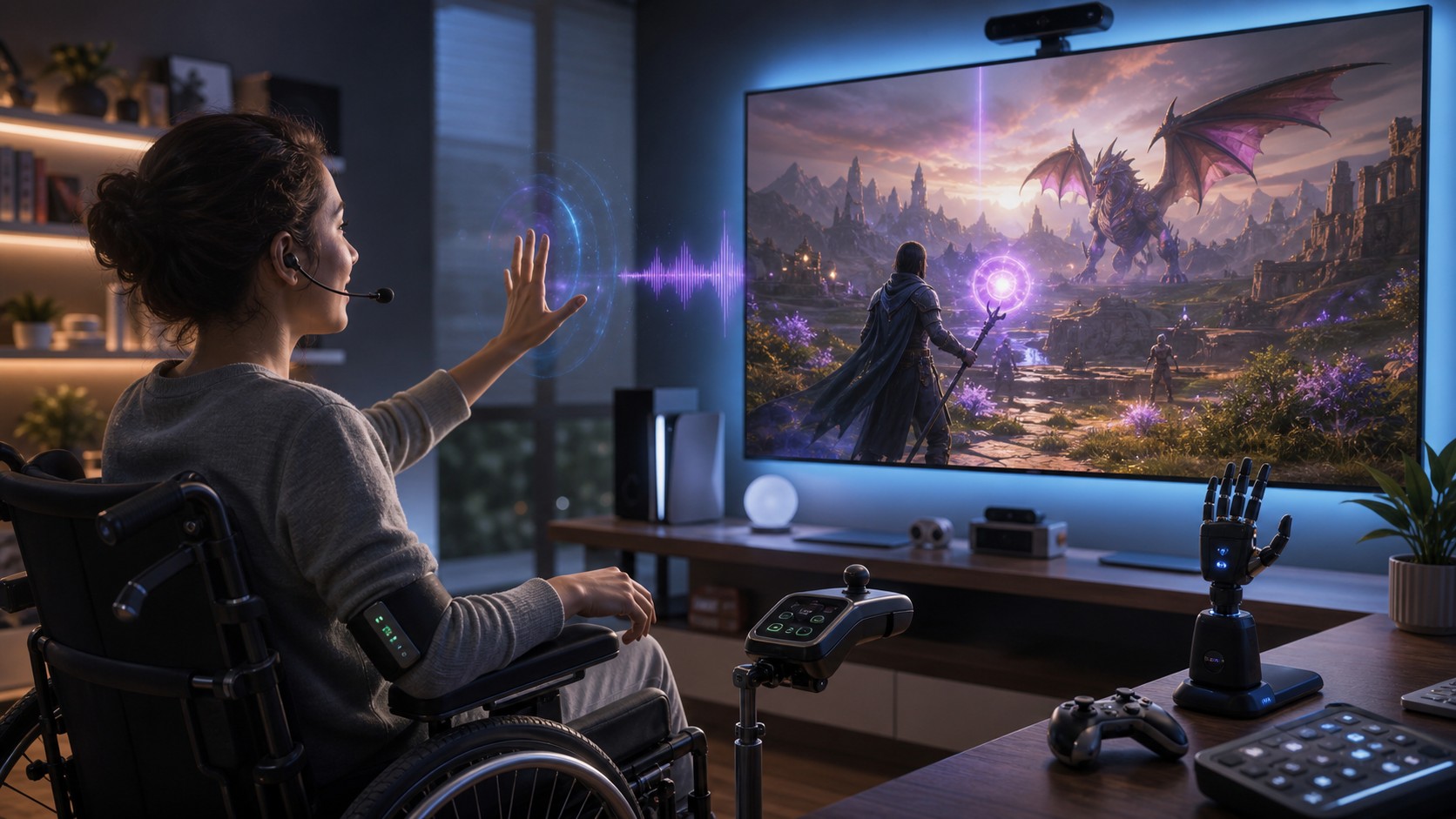 Accessible unbranded gaming space where a player uses voice and gesture controls together