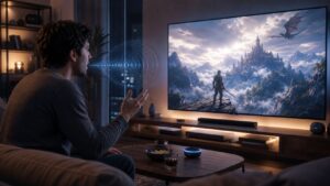 Player using voice commands to control an unbranded game in a realistic living room setup
