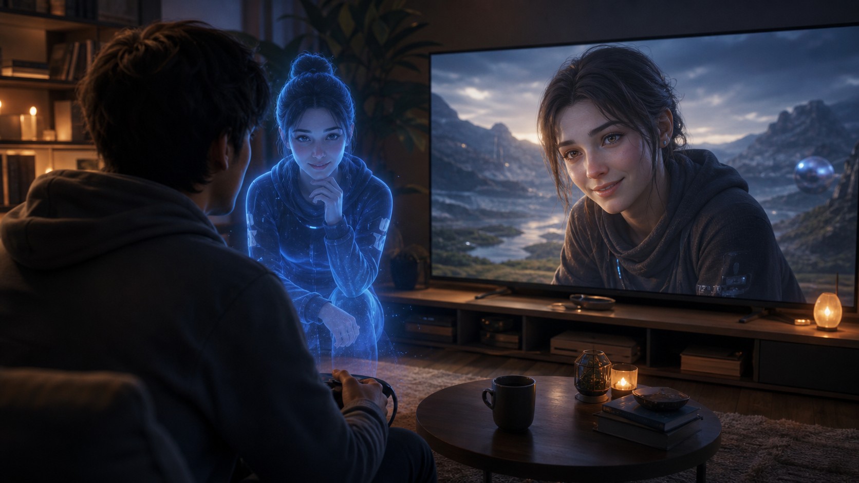 Player in a quiet gaming room interacting with an unbranded lifelike digital companion