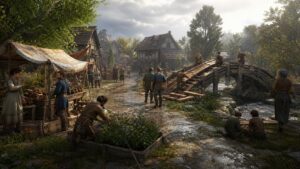Cozy unbranded sandbox village with NPCs repairing, trading, walking, and reacting to weather