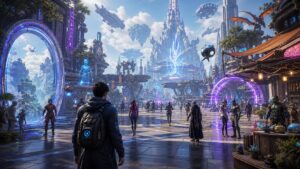 Connected unbranded metaverse game city with avatars, portals, social hubs, and game zones