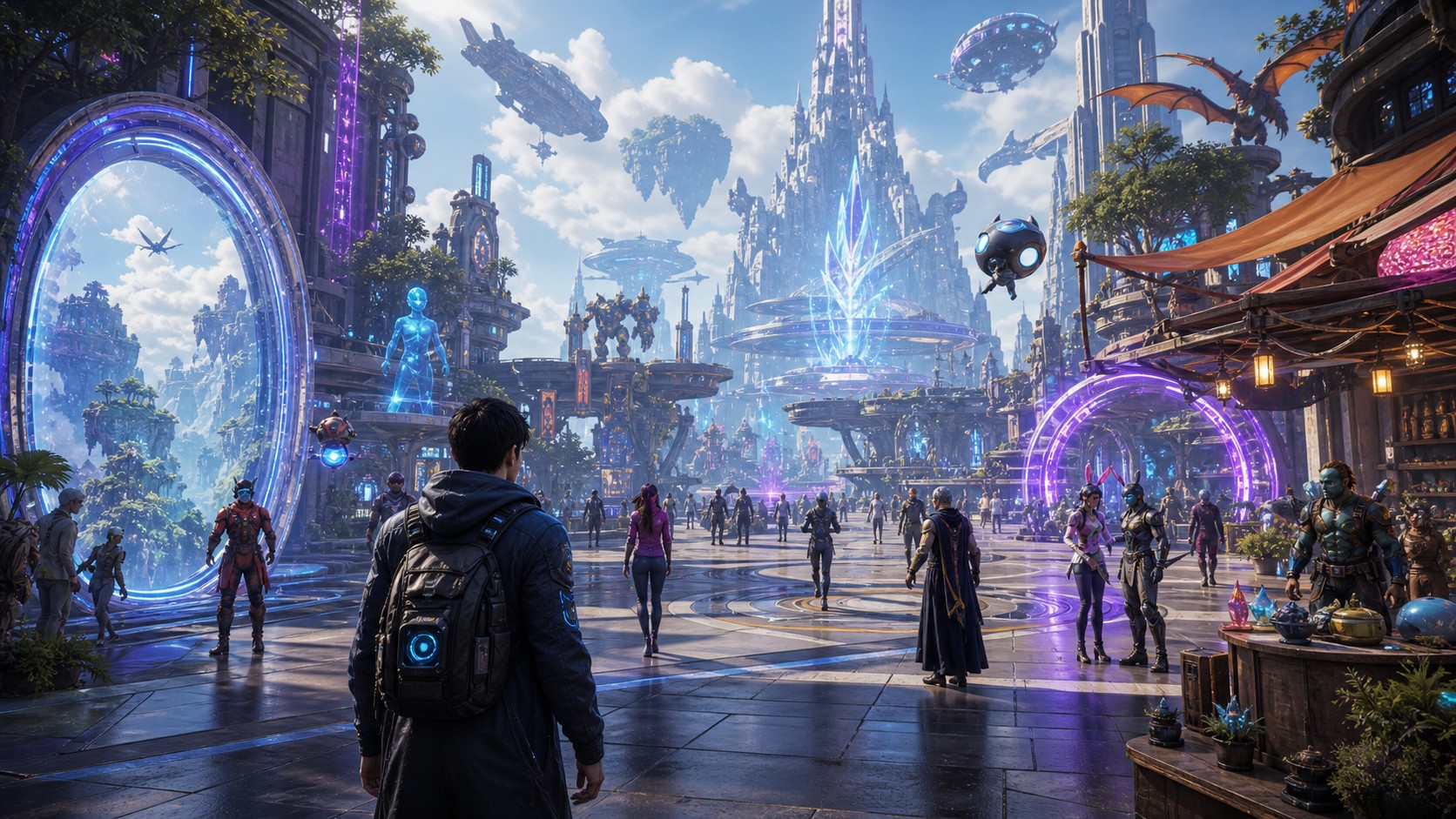 Connected unbranded metaverse game city with avatars, portals, social hubs, and game zones