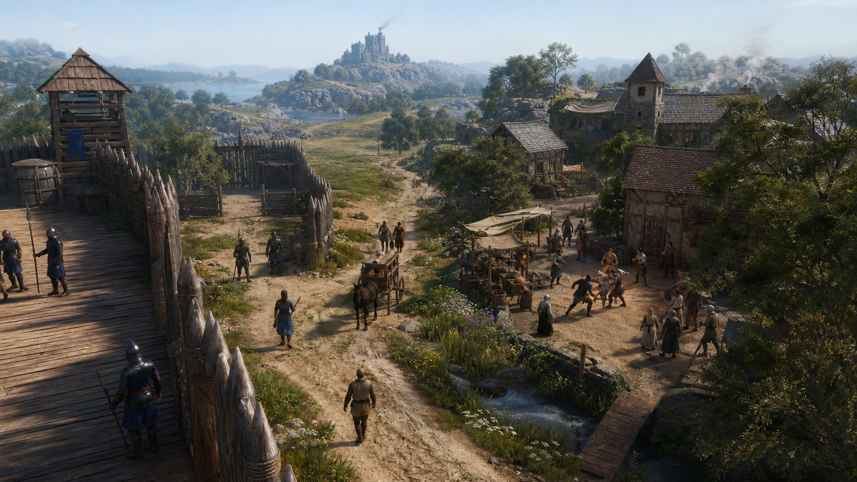 Sandbox world contrasting simple guard routines with independent NPC planning and response