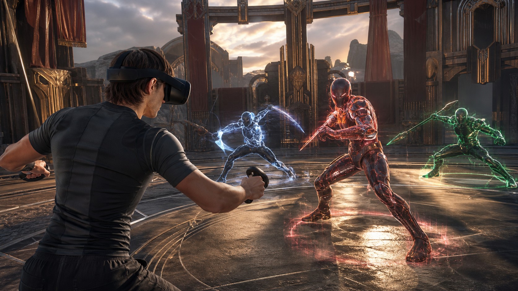 VR player facing adaptive combat opponents that change stance spacing and attack timing