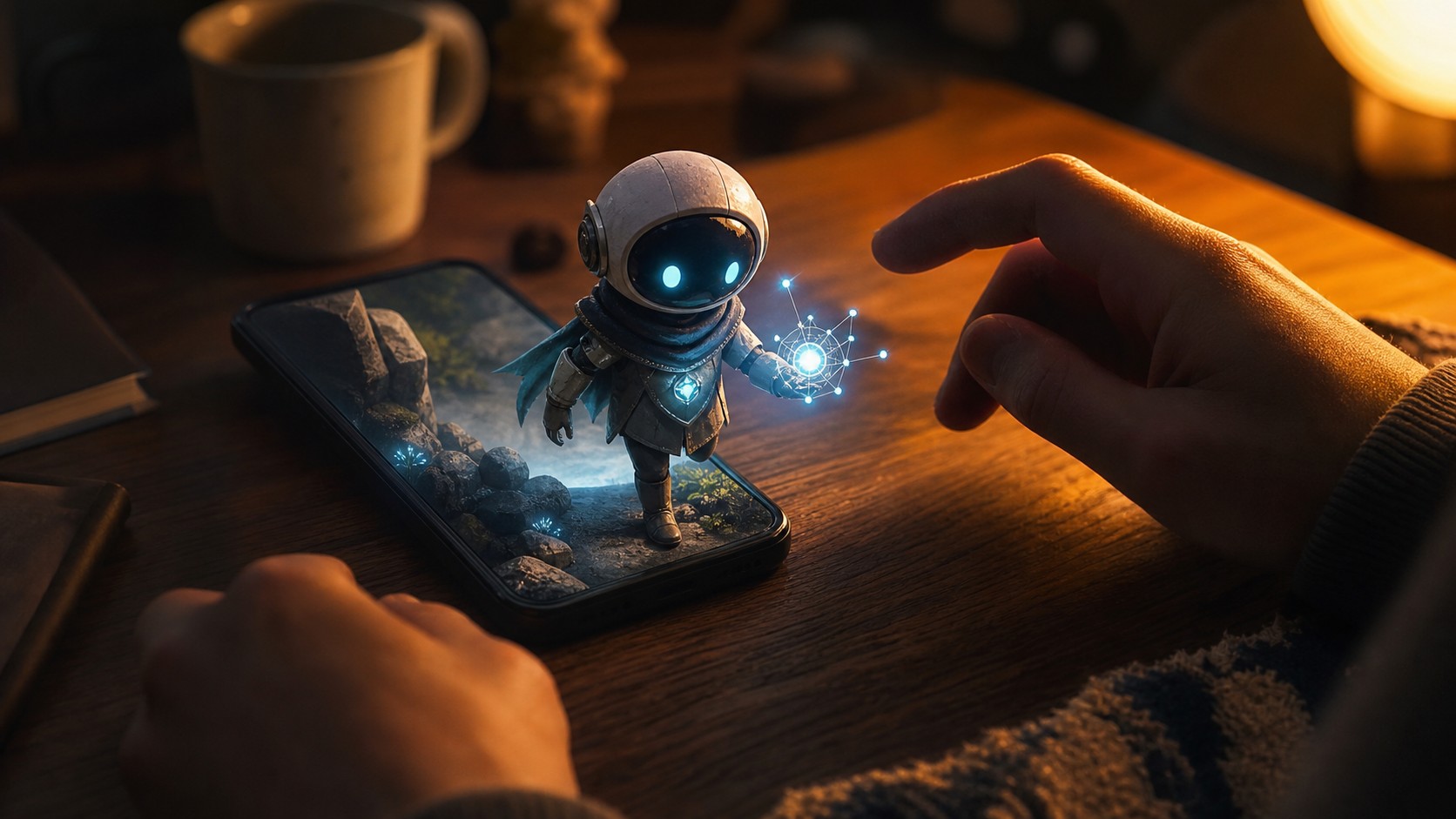 Small AI companion character stepping from a mobile game into a warm real-world desk scene