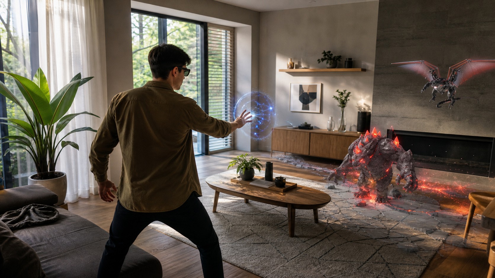 AR glasses player in a living room where virtual game objects adapt to furniture and floor space
