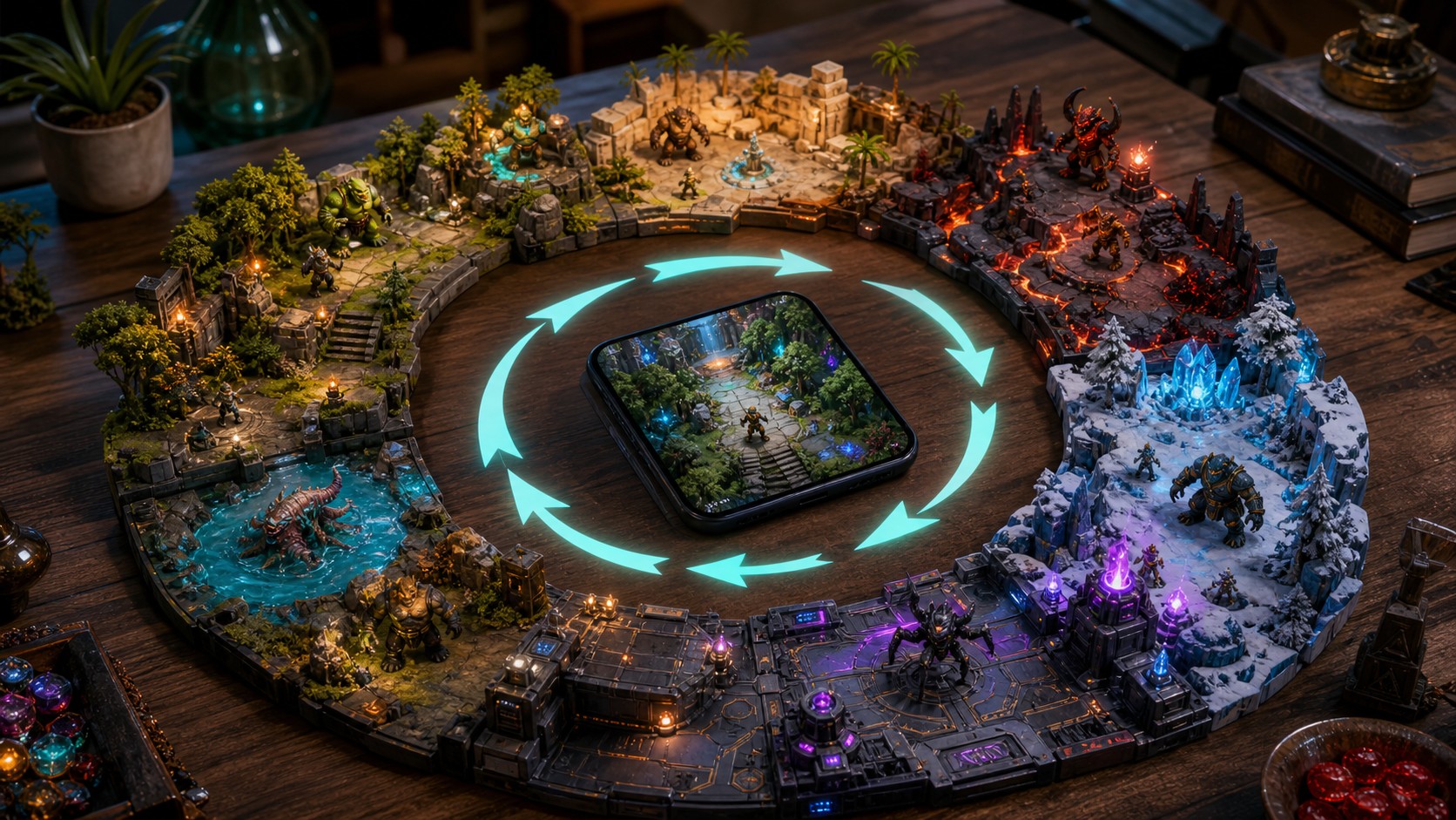 Circular mobile replay loop with rearranging miniature level segments and varied encounters