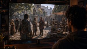 Unbranded city-square game world with NPCs trading patrolling and reacting with believable body language