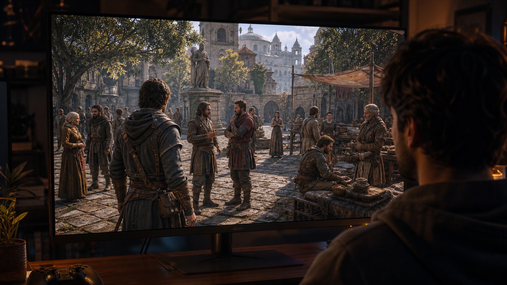 Unbranded city-square game world with NPCs trading patrolling and reacting with believable body language