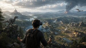 Unbranded VR player overlooking a vast AI-driven open world with settlements wildlife and weather