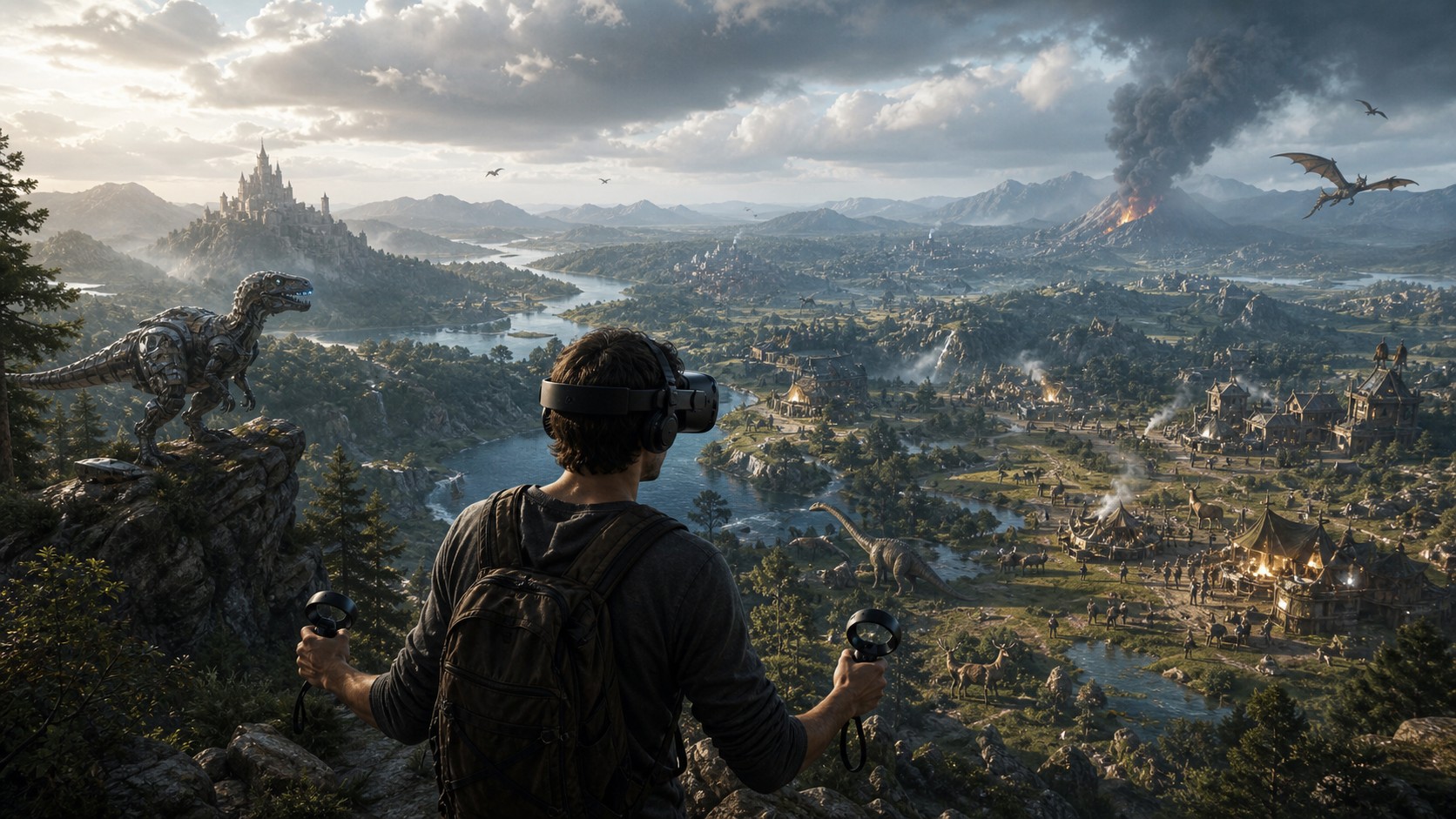 Unbranded VR player overlooking a vast AI-driven open world with settlements wildlife and weather