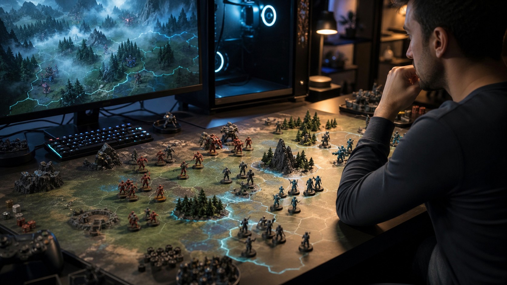 Strategy game battlefield with adaptive formations and counter moves on a PC gaming desk