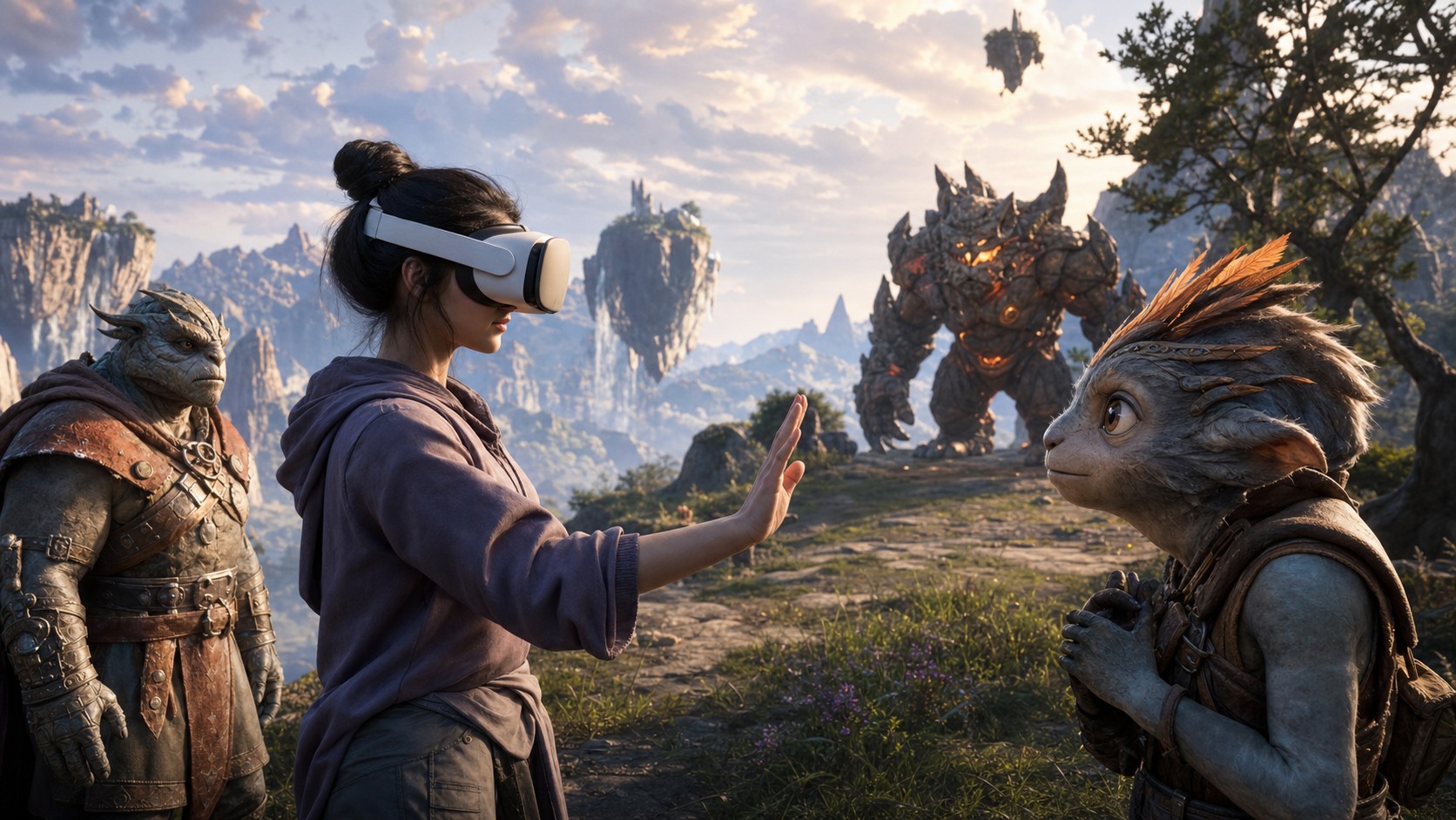 VR player calmly interacting with responsive virtual characters that adjust distance and tone