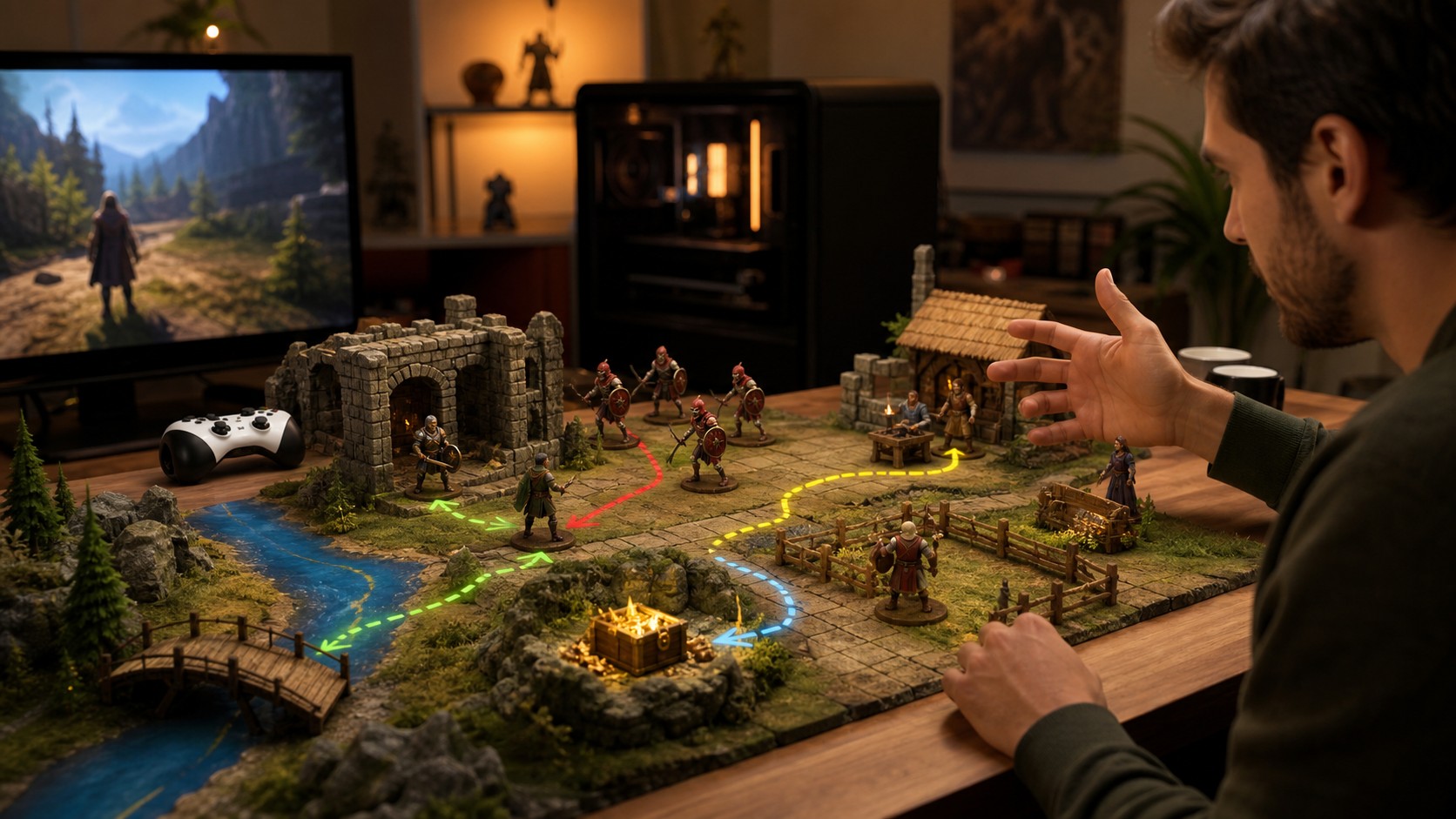 Everyday player viewing a tabletop game scene that demonstrates AI choice enemy response and rewards