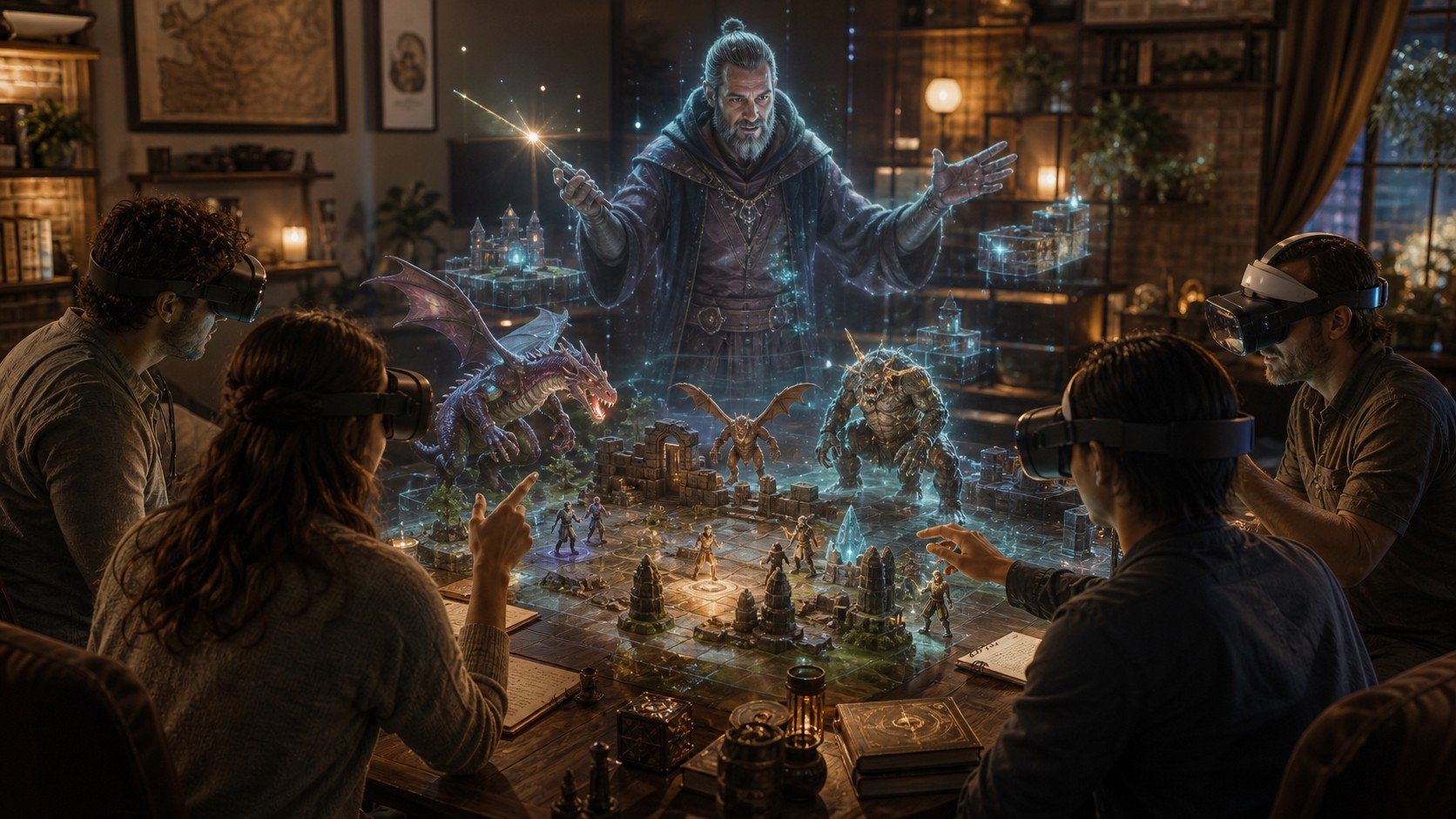 Unbranded mixed reality tabletop adventure with a virtual game master guiding players through story events