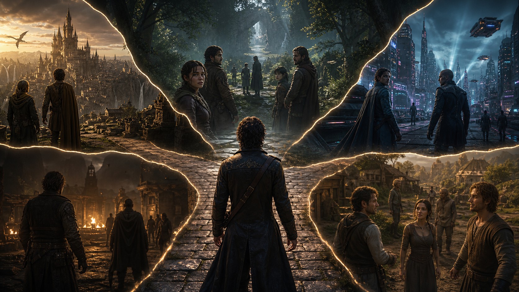 Unbranded narrative game world showing branching consequences and changing character reactions
