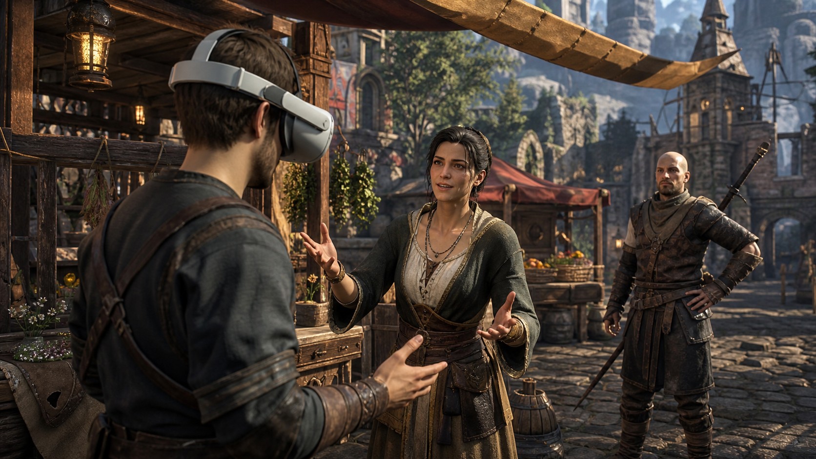 VR player speaking with expressive unbranded fantasy characters in a virtual market