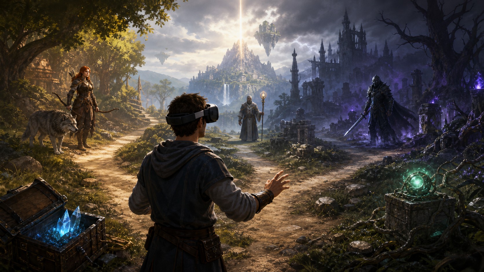 VR player at a role-playing crossroads with distinct quest paths characters and artifacts