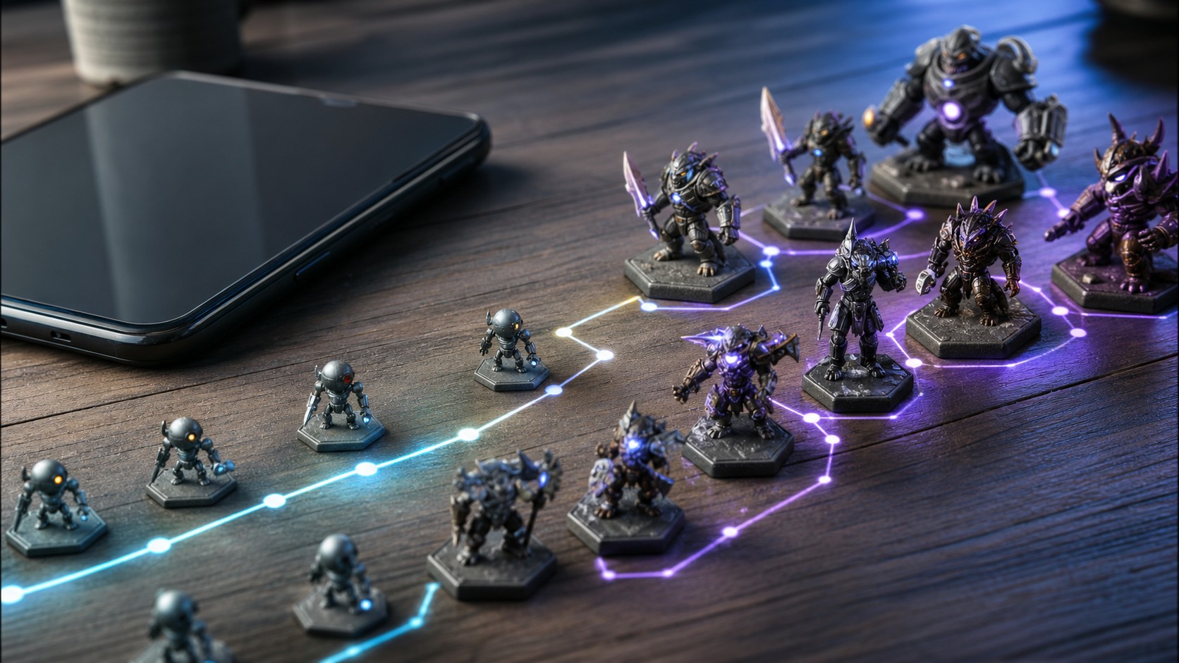 Miniature mobile game opponents arranged from simple bots to coordinated smart enemies