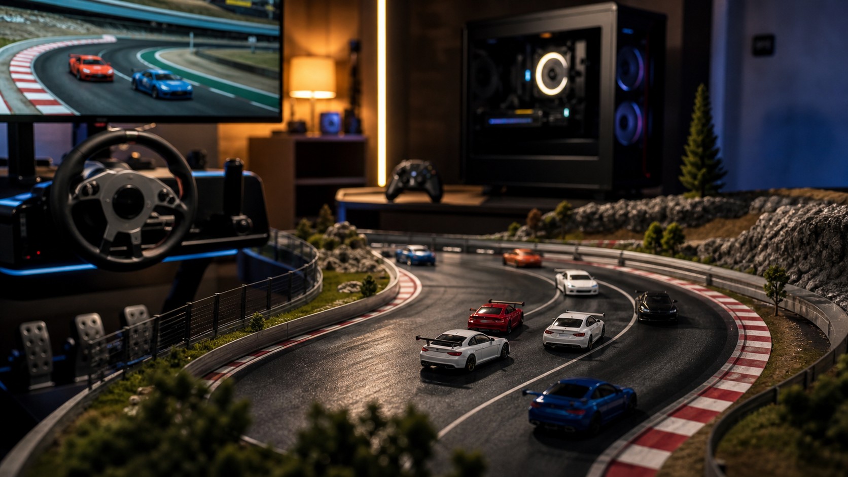 Plain unbranded race cars competing on a miniature track with different racing lines