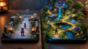 Two mobile game worlds side by side showing fixed linear design and responsive adaptive design