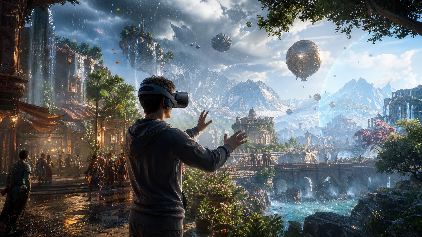 VR player inside a living simulated world with weather crowds physics and environment movement