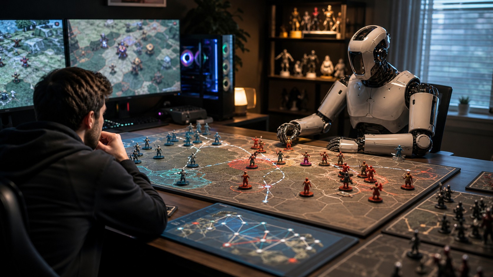 Strategy game board where AI studies player routes formations and repeated tactics