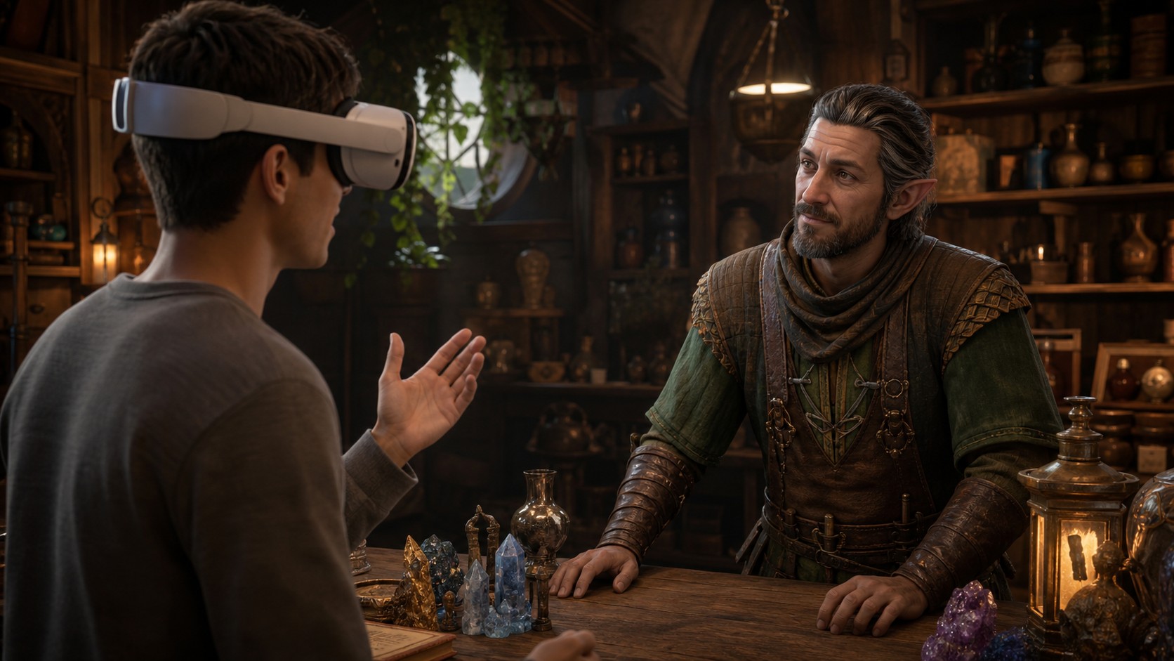 VR player naturally speaking with an attentive fantasy shopkeeper in a quiet workshop