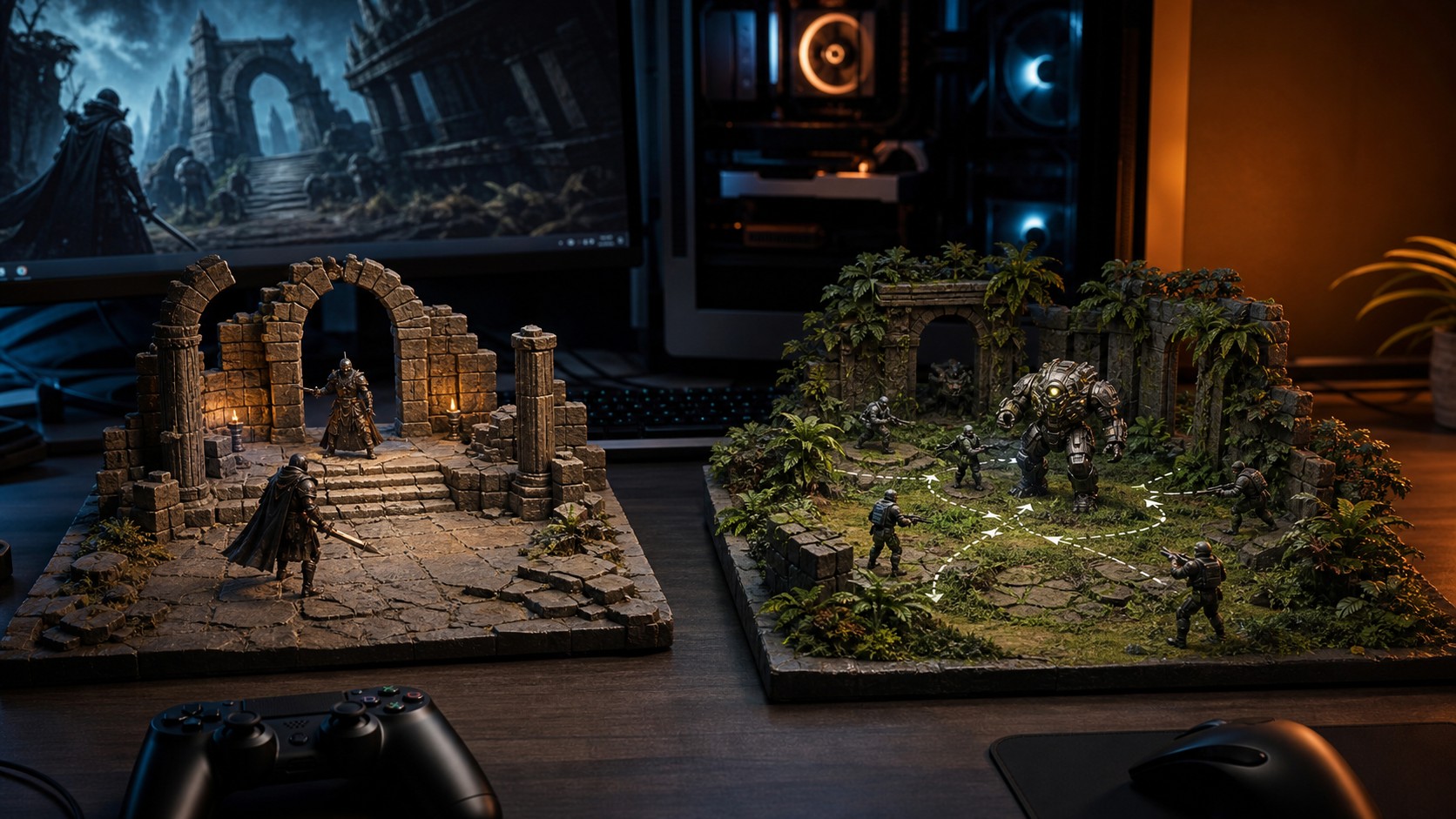 PC and console gameplay dioramas comparing a scripted set piece with an adaptive AI encounter