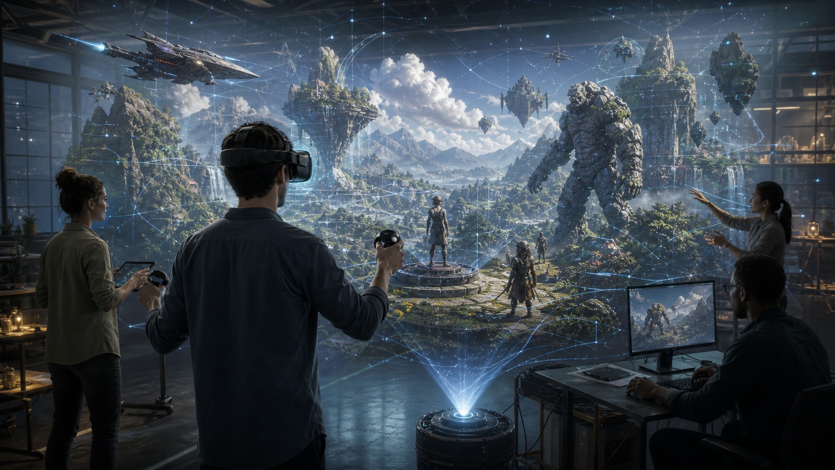 Unbranded VR development studio inspecting an immersive generated game world forming around creators