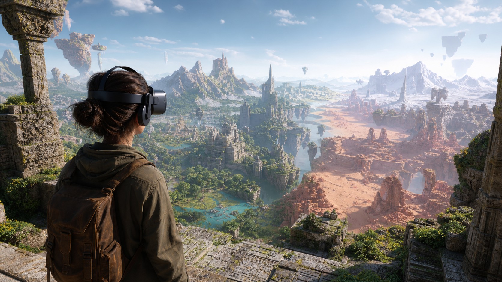 VR player overlooking a vast unbranded virtual world with varied biomes and modular regions