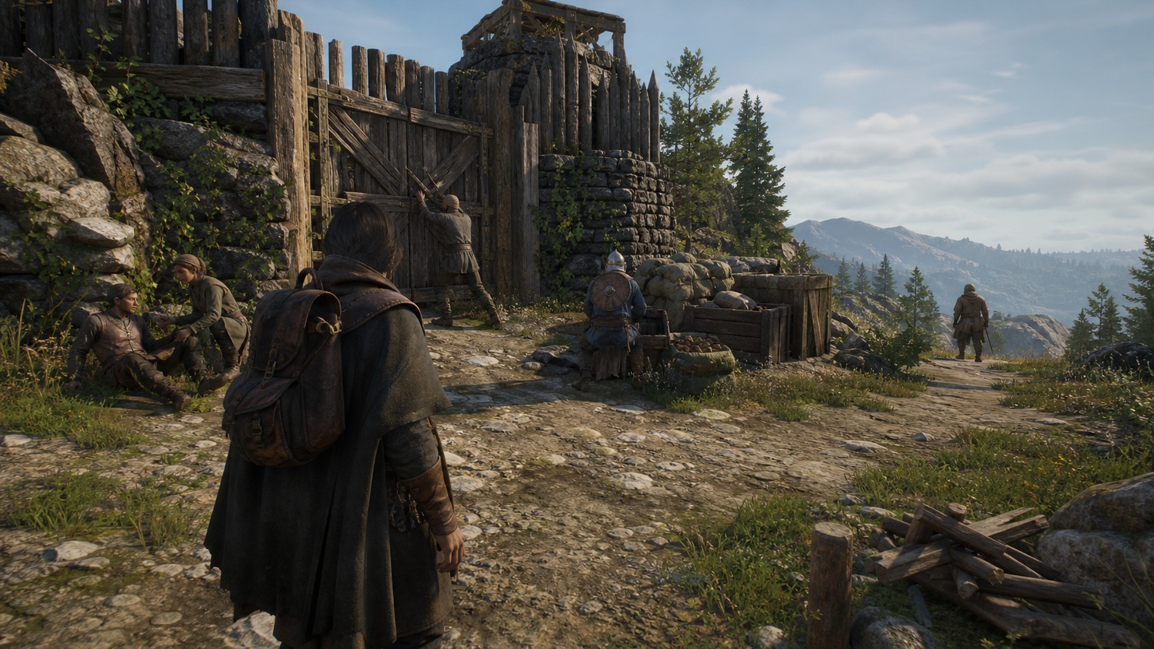 Sandbox NPCs choosing between helping a traveler defending supplies repairing a gate and leaving